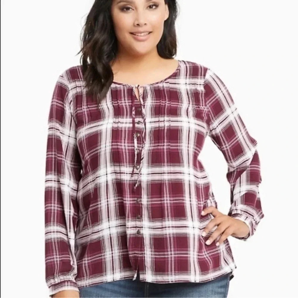 Torrid Plaid Challis Pintuck Blouse Long Sleeve Top Burgundy Plus Size 0 L Large
